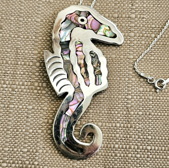 925 Alpaca Mexico Abalone Inlay Vintage Seahorse Pendant/Brooch Necklace - Picture 6 of 13